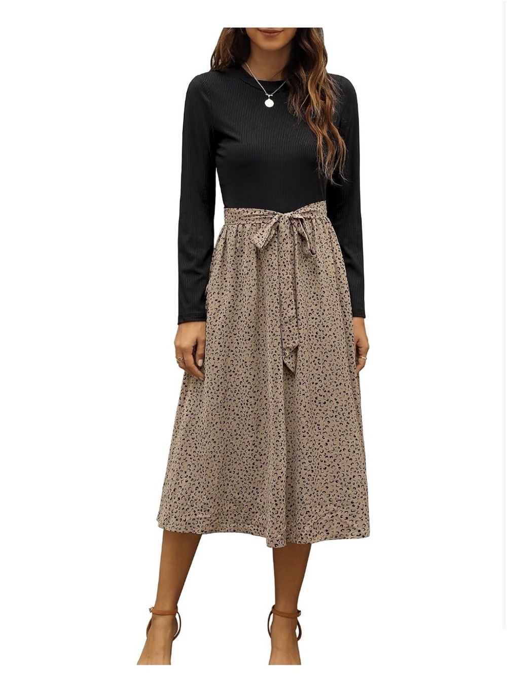 Long Sleeve Animal Printed Midi Dress with Tie Waste